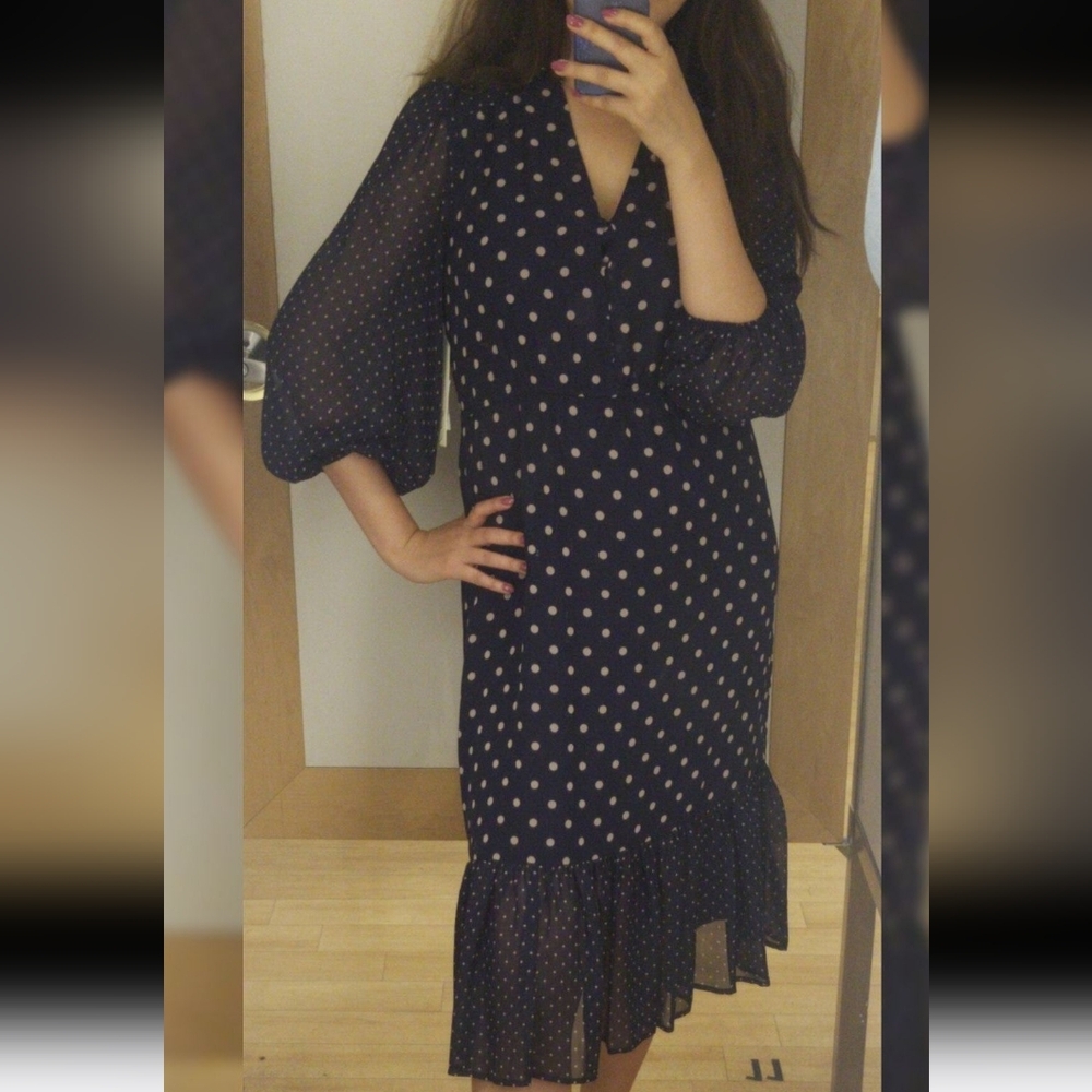 Eliza J Navy Polka Dot Long Sleeve Dress